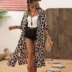 Multiucolor Boho Womens Leopard Print Split Front Button Up Shirt